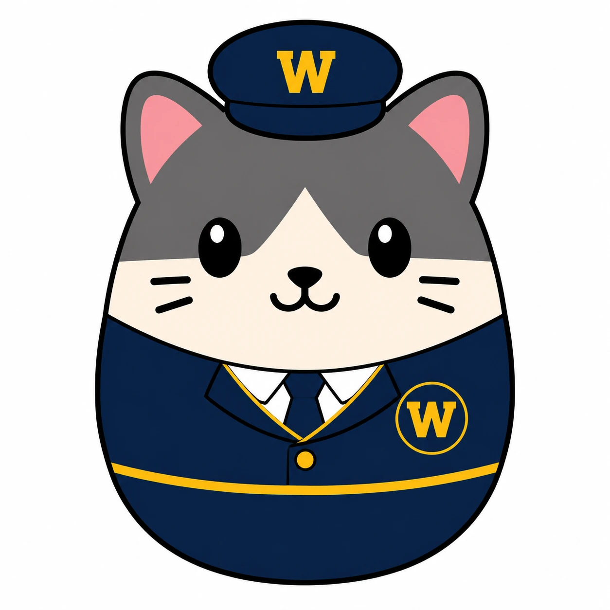 Grey-and-cream rounded cat with cream muzzle and belly, pink inner ears, three whisker marks on each cheek, navy conductor jacket with yellow trim, gold buttons, tie, W emblem, and peaked navy W cap.
